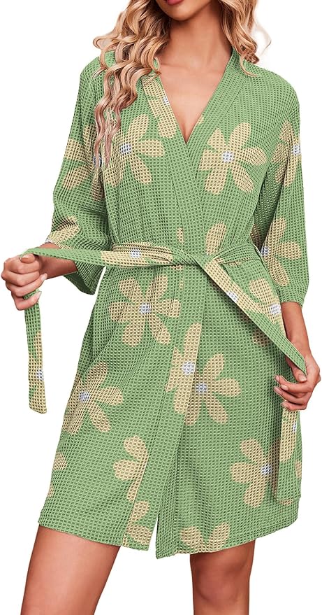 Ekouaer Robes for Women Waffle Knit Bathrobe Soft Lightweight Knee Length Loungewear S-XXL