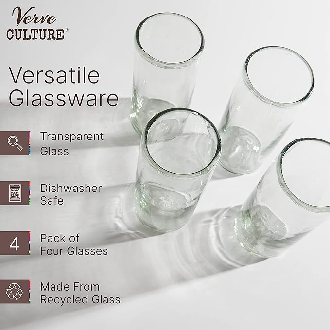 Verve CULTURE Mexican Highball Drinking Glasses, Unique Handblown Glassware, Glass Cups for Cocktails, Juice, Mixed Drinks, Elegant Tabletop Drinkware, Set of 4 (Clear, 16 oz)