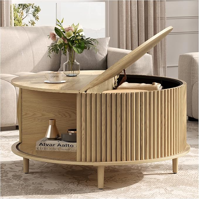 JOINICE 31.5" Round Coffee Table with Storage for Living Room, Natural Oak | Hidden Storage,Fluted Sliding Door,Boho Center Table for Small Apartments,Solid Wood Legs,Easy Assembly,Up to 110 lbs