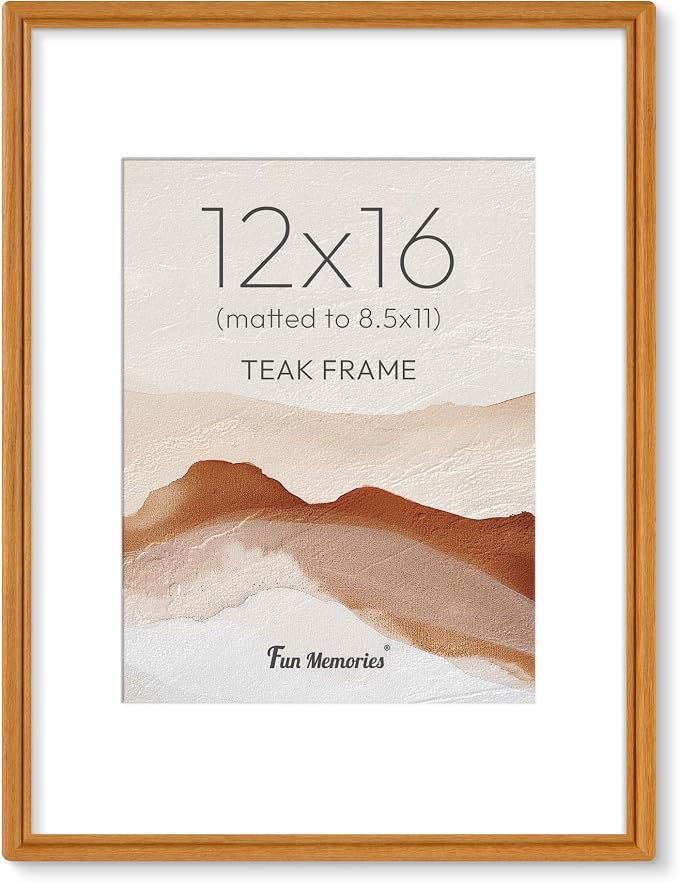 12x16 Picture Frame with Mat for 8.5x11, USA-Sourced Natural Teak Wood Handcrafted Rounded Corner with HD Tempered Glass, 12 x 16 Photo Frames Gallery Wall & Tabletop, Vertical or Horizontal Display