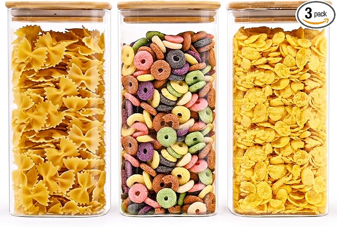 SHOWIN Glass Food Storage Jars Square 51oz, 3 Pack Glass Jars With Bamboo Lids, Kitchen Storage Containers For Spice, Candy, Cookie, Storage For Pantry Organizers