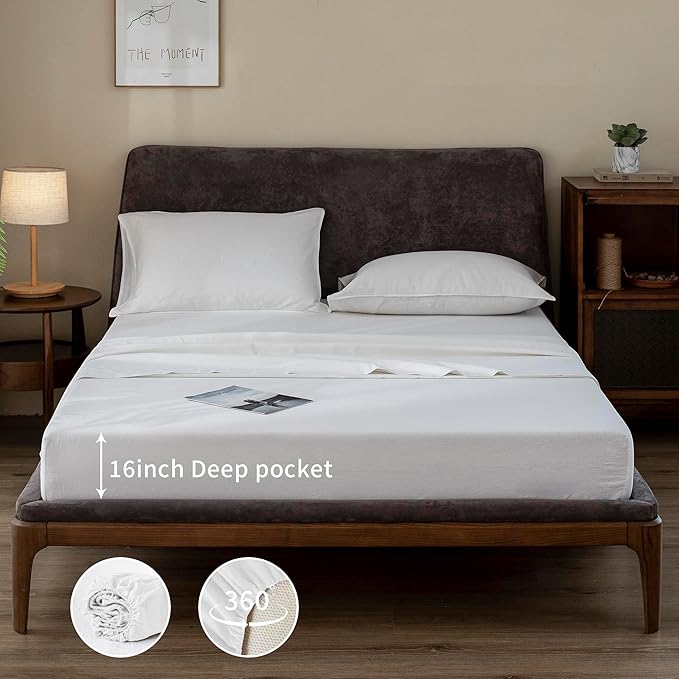 EVERLY Linen Sheets Set California King Size,100% French Stonewash Linen Sheets Set,4Pieces (1Flat Sheet,1Fitted Sheet,2Pillowcase) Suitable for Hot Sleepers,Deep Pocket Natural Bedding Set-White-CK