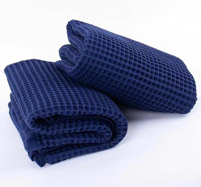 PÜSKÜL Pack of 2 Waffle Bath & Spa Towels - Premium 100% Turkish Organic Cotton - Quick Dry Thin Bath Towel for Bathroom - Made in Turkey (Navy Blue, 32x63 inch)