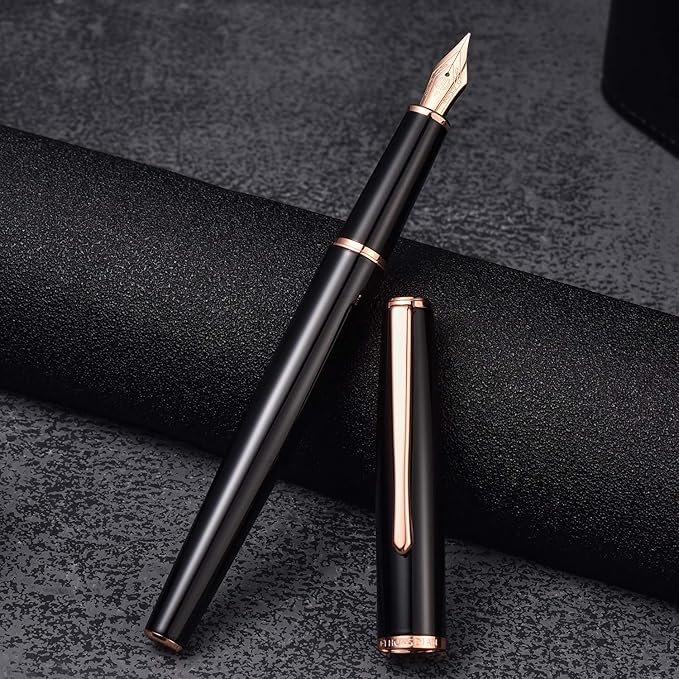 HongDian 920 Black Metal Fountain Pen, Rose Gold Plated Fine Nib Smooth Writing Pen, Classic Pen with Ink Converter