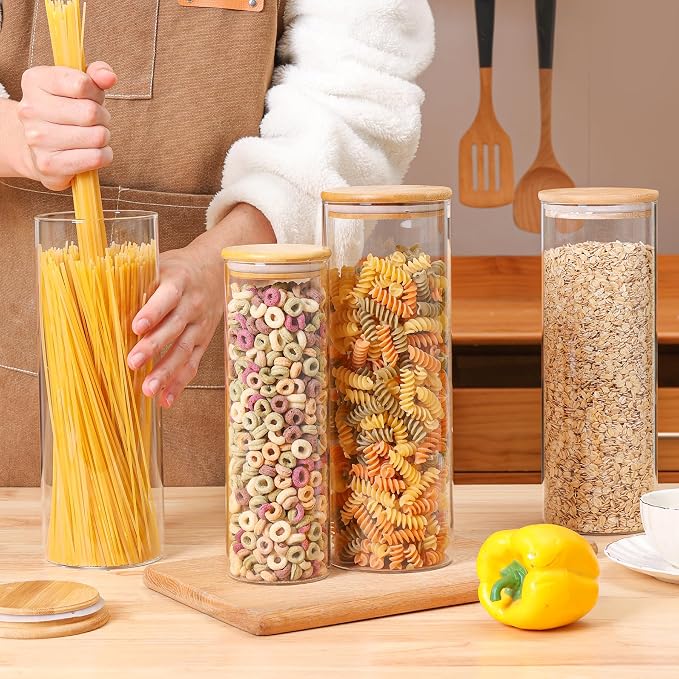 ComSaf Set of 9 Glass Storage Containers with Lids, Glass Jars with Bamboo Lids, Clear Food Storage Jar, Round Glass Canister, Pantry Organizers and Storage for Pasta Flour Rice Coffee Bean