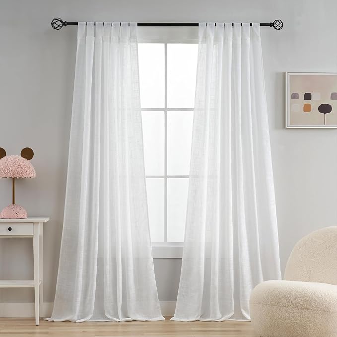 Semi Sheer Curtains- Light Filtering, Machine Washable Tab Top Drapes for Living Room Bedroom (White, 52" W x 96" L, Pack of 2)