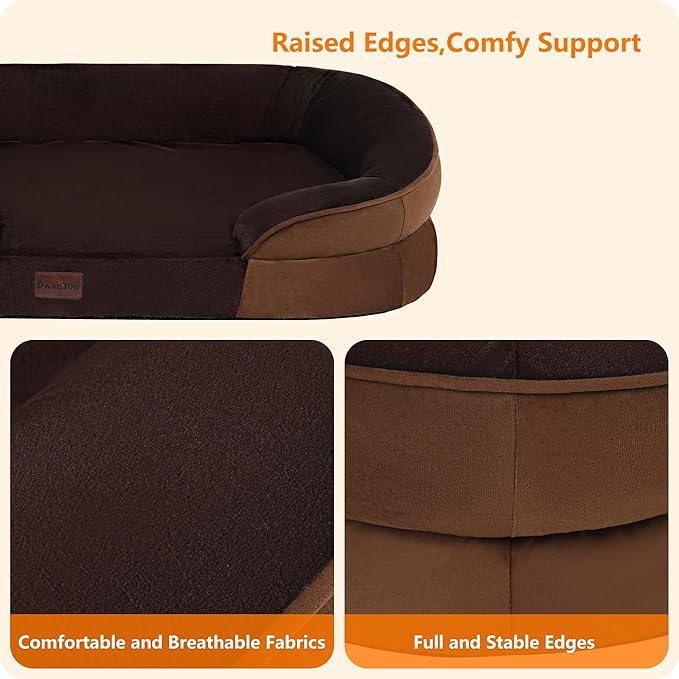 Dwanton Orthopedic Dog Bed for Extra Large Dogs with Gel Memory Foam, Waterproof Dog Sofa, Washable Pet Bed with Four Sided Bolster Cushion, Removable Cover & Non-Slip Bottom, 45", Brown