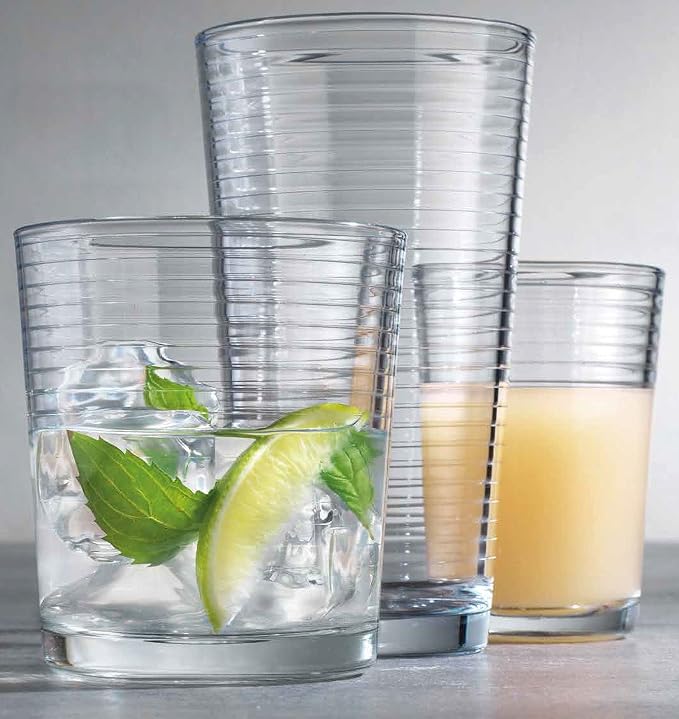 Glaver's Drinking Glasses 24 Piece Glass Set, 8-7 Oz. Highball Glasses, 8-13 Oz. Whiskey Rocks, And 8 7 Oz Juice Glasses. Ideal for Water, Juice, Cocktails, and Iced Tea. Dishwasher safe