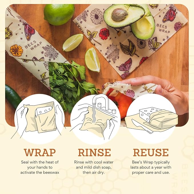 Bee's Wrap Beeswax Wraps for Food - 3 Pack of Assorted Beeswax Wraps - Small, Medium & Large Wrap - Plastic Free Made in USA Reusable Natural Food Wrap - Meadow Magic Print