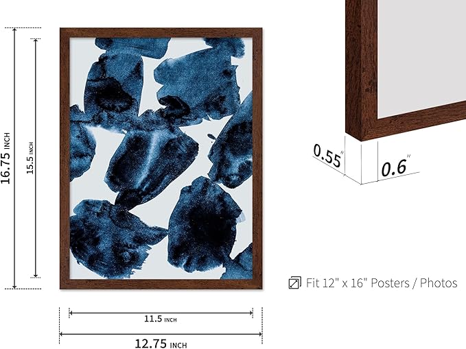 Monem Art Blue Abstract Watercolor Texture Print - Minimalist Modern Art Poster - Wall Decor for Living Room, Bedroom or Office - 12x16 Brown Framed Wall Art by Mareike Bohmer