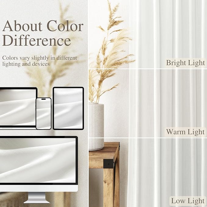 Nanspring Off White Semi Sheer Linen Curtains 72 inch Length for Living Room Back Tab Rod Pocket Modern Farmhouse Coastal Decor Off White Cotton Textured Gauze Curtains for Dining Room Office 52x72