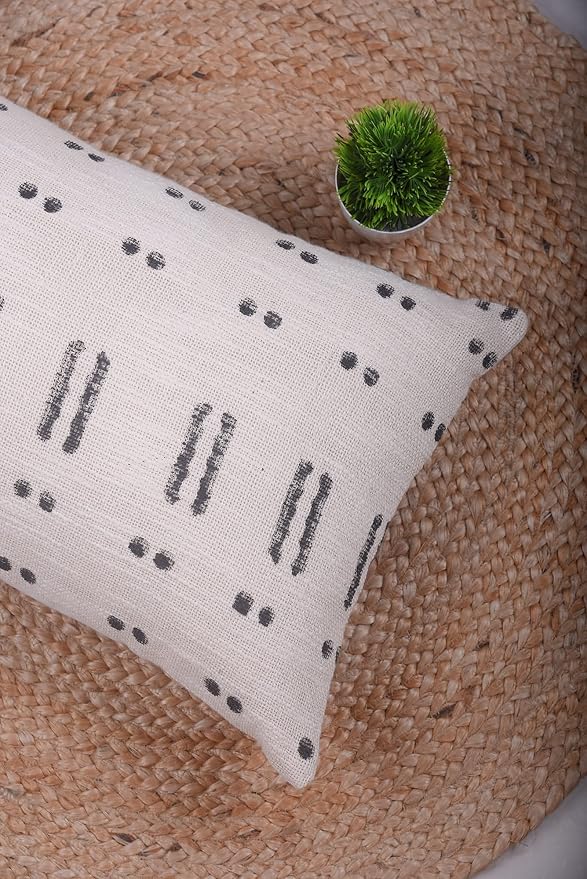 Trade Star Lumbar Pillow Case 100% Cotton Throw Pillow Cover Mudcloth Large Pillow for Living Room Handwoven Modern Boho Couch Bedroom Sofa Decoration Fall Decor Case (Ivory Blossom 12X24 INCH)