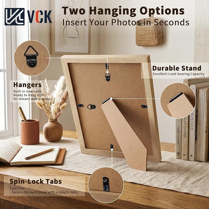 VCK 8x12 Picture Frames Natural - 3 Pack, Wide Border Solid Wood, Tempered Glass, Display 6x8 Photo with Mat or 8 x 12 Without, for Home, Office, Gallery, Woodgrain Series, Tabletop & Wall Hanging