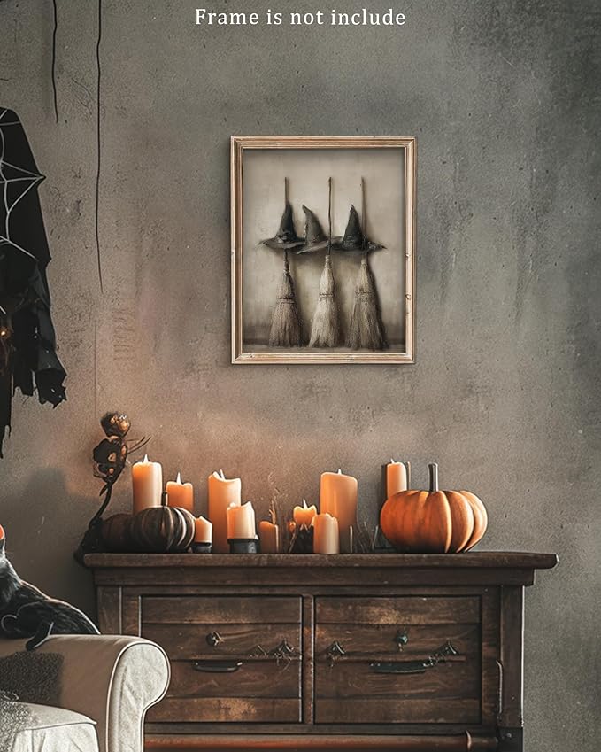 Vodefoad Vintage Witch Hats and Brooms Print, Spooky Gothic Halloween Decor, Halloween Home Decor Wall Art, Retro Moody Halloween Wall Art for Gallery, Living Room, Bathroom, Bedroom,Holiday Gift - 8x10Inch Unframe