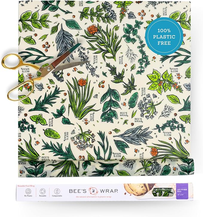 Bee's Wrap Beeswax Wraps for Food - Cut to Size 14x52" Beeswax Wrap Roll - Made in USA Reusable Natural Food Wrap - Herb Garden Print