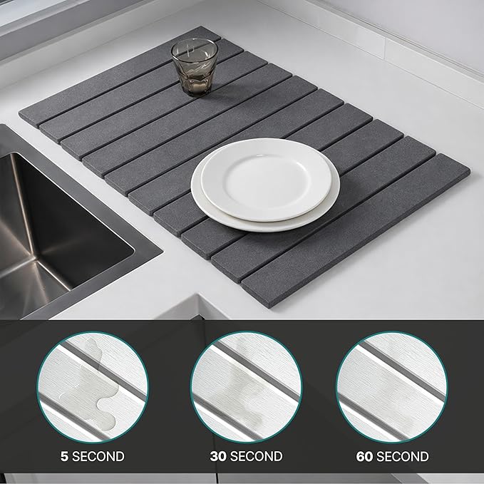 Stone Dish Drying Mat for Kitchen Counter, Easy to Clean Fast Absorbing Collapsible Quick Dry & 24” 16” (Smooth Dark Gray)
