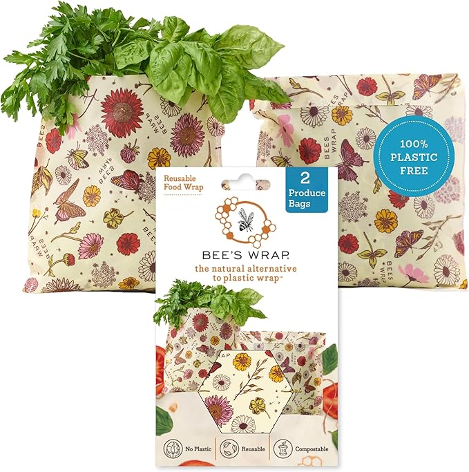Bee's Wrap Beeswax Wraps for Food - 2 Meadow Magic Produce Bags - Made in USA Reusable & Organic Food Wraps & Reusable Sandwich Bags - Plastic Free Eco-Friendly Alternative to Aluminum Foil