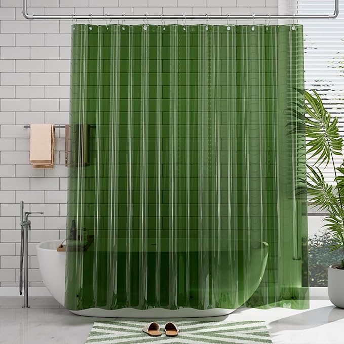 AmazerBath Shower Curtain Liner, 72x72 Transparent Pine Green Shower Liner, Lightweight Plastic Shower Curtain Liners, Waterproof Shower Liner for Bathroom with 3 Magnets and 12 Grommet Holes