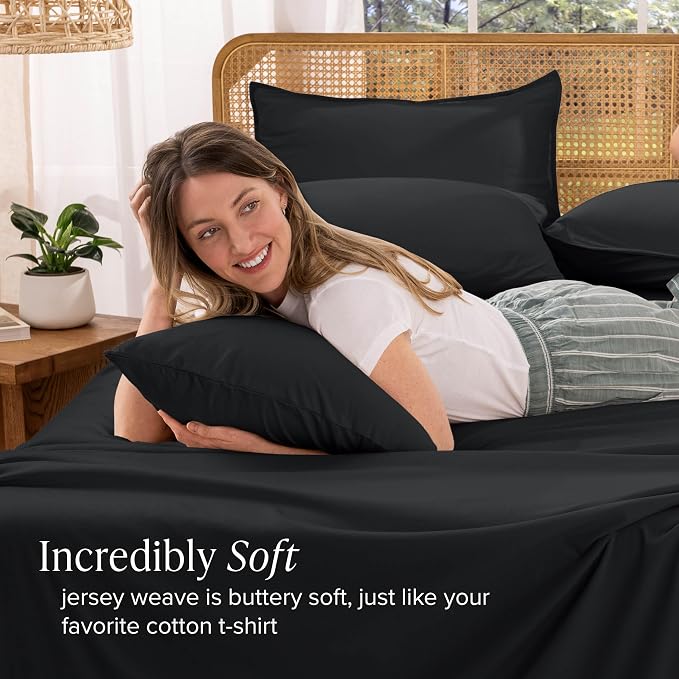 Bare Home 100% Organic Cotton Jersey Sheet Set, Ultra Soft, 100% Cotton - Sheet Set & Pillowcase - Deep Pocket Bed Sheets (Twin XL, Black)