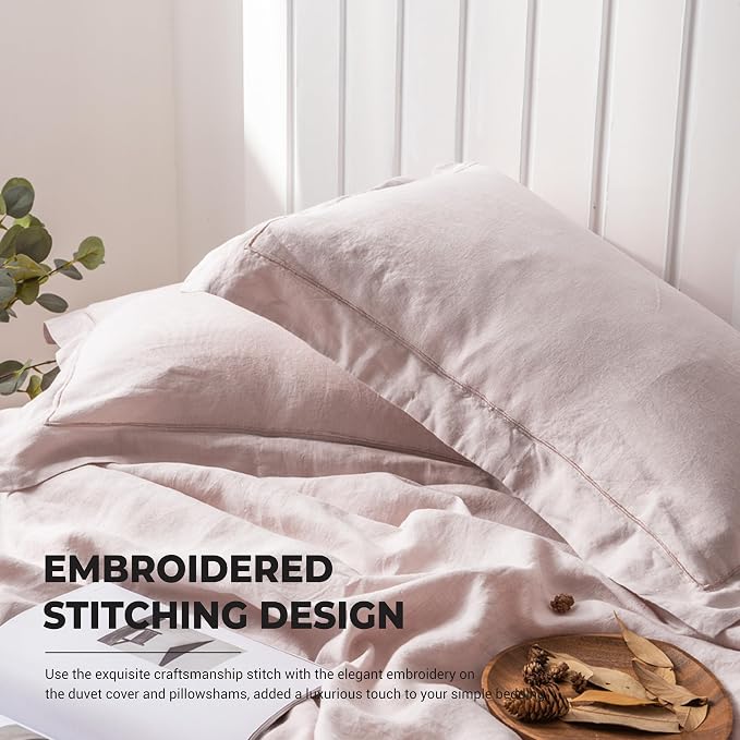 Simple&Opulence 100% Washed Linen Duvet Cover with Embroidered, 3 Pieces Soft Farmhouse Comforter Set with Button Closure,1 Duvet Cover and 2 Pillowshams(King, Dusty Pink)