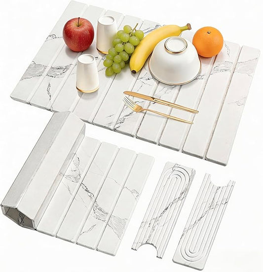 3PCS Set Large Stone Drying Mat for Kitchen Counter Foldable Collapsible Fast Drying Stone Dish Mat Water Absorbing Natural Diatomaceous Earth Bath Mat Quick Dry Stone Tray Bathroom Countertop, Marble