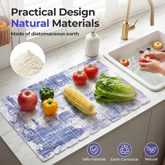 Findosom Large Stone Dish Drying Mat for Kitchen Counter, 23.6" × 15.3" Foldable Non-Slip Stone Drying Mat with Abstract Pattern, Heat Resistant Diatomaceous Earth Mat for Bath, Dishes, Cups, Blue