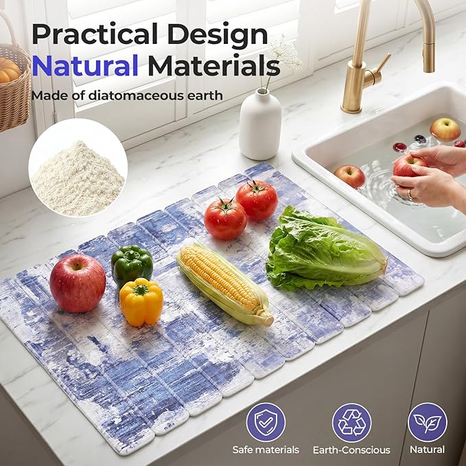 Findosom Stone Dish Drying Mat for Kitchen Counter, 15.7" × 11.8" Foldable Non-Slip Stone Drying Mat with Abstract Pattern, Heat Resistant Diatomaceous Earth Mat for Bath, Dishes, Cups, Blue