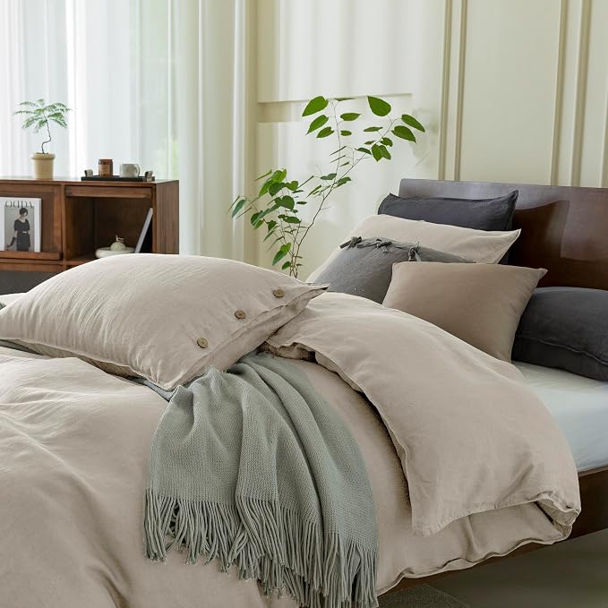 EVERLY 100% Pure Linen Duvet Cover Set Full Size 80X90Inch 3pcs (1 Duvet Cover,2 Pillowcases) Soft and Breathable for All Season with Coconut Button Closure, Suitable for Hot Sleepers-Linen-Full