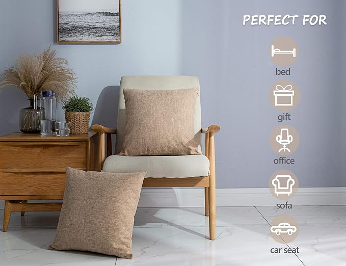 Stellhome Linen Throw Pillow Covers Square Solid Farmhouse Burlap Cushion Covers for Bed Couch Sofa Bench, 18 x 18 inch (45 cm), Natural Linen, Set of 2
