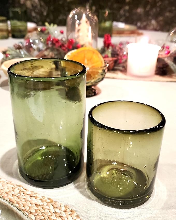 Solid Olive Green 14 oz Drinking Glasses (set of 6), Recycled Glass, Lead-free, Toxin-Free (14oz Drinking)