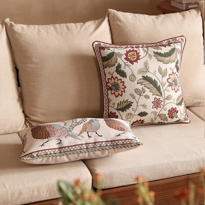 ISAENNE Design Square Pink Floral Linen Throw Pillow Covers 18"x18" Pack of 2, Vintage Country Flowers Pattern Cushion Covers Decor Pillowcases for Bed,Living Room,Outdoor,Car