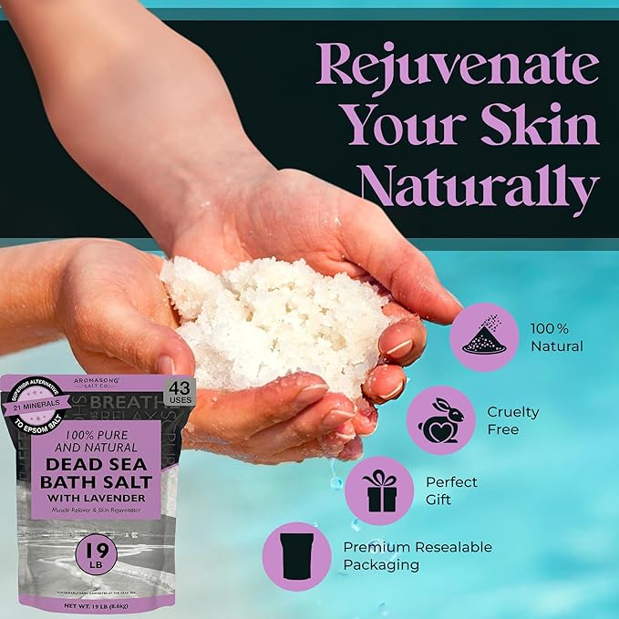 Aromasong Pure Dead Sea Salt for Soaking with 100% Natural Lavender, 19 LB - Spa Bath Salt Fine Grain - Body Wash Scrub - Soak for Women & Men- Bulk Resealable Pack