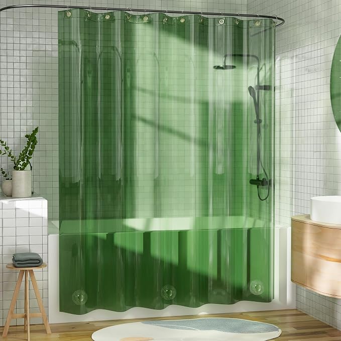 AmazerBath Long Shower Curtain Liner, 100% EVA Soft Clear Green Heavy Duty 78 inch Shower Curtain and Liner 2-in-1, 72x78 Plastic Bathroom Shower Curtain, 12 Rustproof Grommets & 3 Weighted Stones