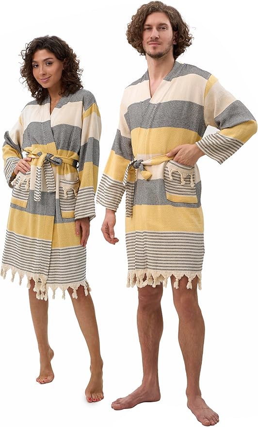 ATANI 100% Turkish Cotton Bathrobe S-XXL for Women & Men – Peshtemal Style Soft Cozy Lounge Robe, Absorbent & Lightweight