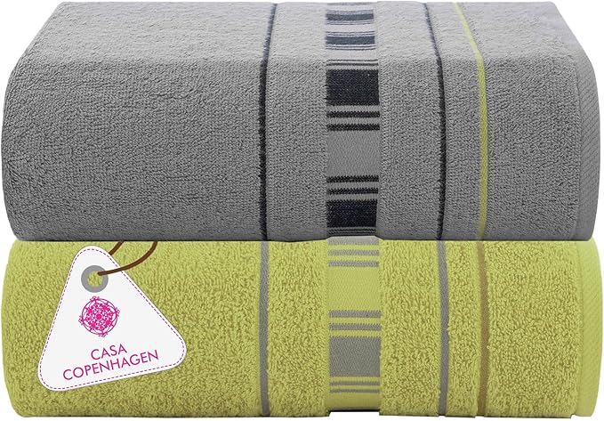 CASA COPENHAGEN X Line 2Pcs 100% Egyptian Cotton Large Designer Bathsheet Towels Gift Set- Silver Grey - Green, 600GSM, 35"x70" 2Bath Sheet Towels for Bathroom (Gift Set for Women & Men)