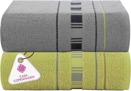 CASA COPENHAGEN X Line 2Pcs 100% Egyptian Cotton Large Designer Bathsheet Towels Gift Set- Silver Grey - Green, 600GSM, 35"x70" 2Bath Sheet Towels for Bathroom (Gift Set for Women & Men)