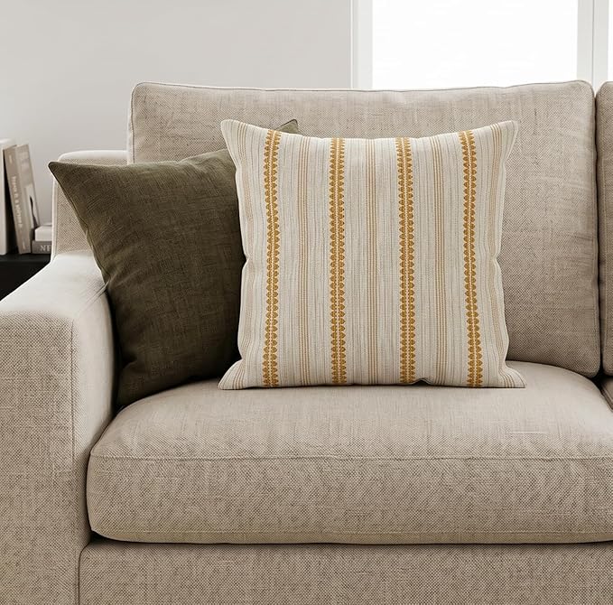 SanVia Cotton Throw Pillow Covers 20x20 – Handwoven Jacquard Texture, Fade-Resistant, No Pilling – Hidden Zipper, Decorative Cushion Cover for Sofa, Couch, Bed – Insert Not Included (Striped, White)