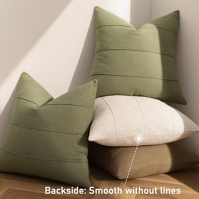 Decorative Linen Throw Pillow Covers 24x24 Set of 2 Solid handcrafted Striped Cushion Covers for Bed Soft Modern Farmhouse Neutral Pillowcase for Couch Bedroom Living Room Home Decor(Olive Green)