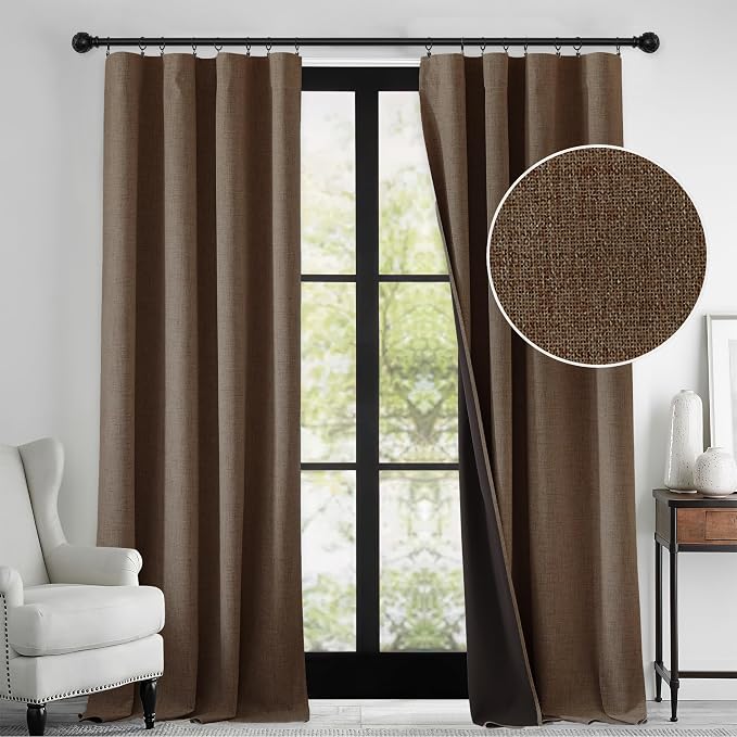 RYB HOME Brown 100% Blackout Curtains 84 inches Long, Thermal Insulating Privacy Energy Saving Linen Curtains for Bedroom Living Room Window Office Theater Dining Nursery, W52 x L84, 2 Panels