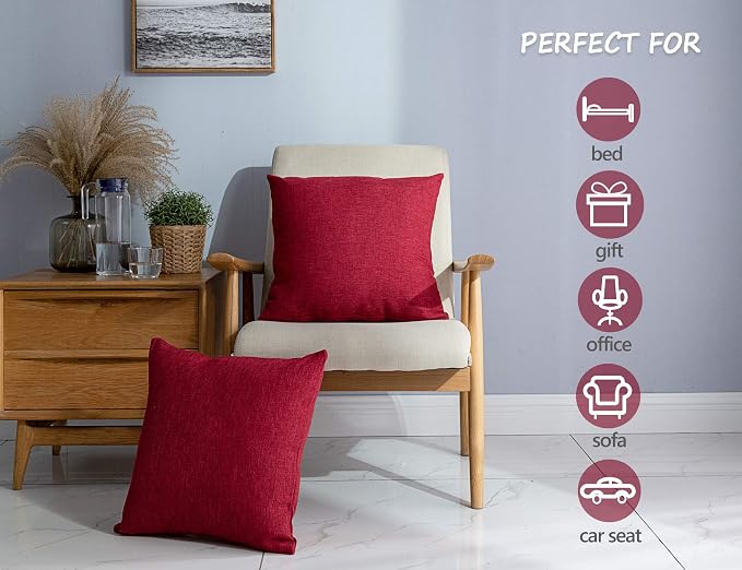Stellhome Christmas Decorative Burlap Throw Pillow Covers Square Solid Farmhouse Decorative Linen Cushion Covers for Bed Couch Sofa Bench, 18 x 18 inch (45 cm), Red, Set of 2