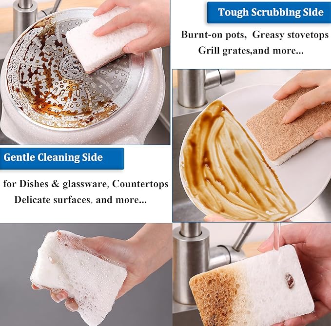 Natural Kitchen Sponges, 12 Pack Eco Biodegradable Compostable Coconut Fiber & Cellulose Heavy Duty Scrub Sponge for Dishes, Organic Non-Scratch Cleaning Sponges for Non Stick Cookware, Pots