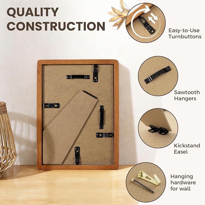 5x7 Picture Frame, USA-Sourced Teak Wood Photo Frames with HD Tempered Glass, Display Photo 4x6 with Mat or 5x7 Without Mat, 5 x 7 Frame for Tabletop or Wall Display, Teak Color, 1 Pack
