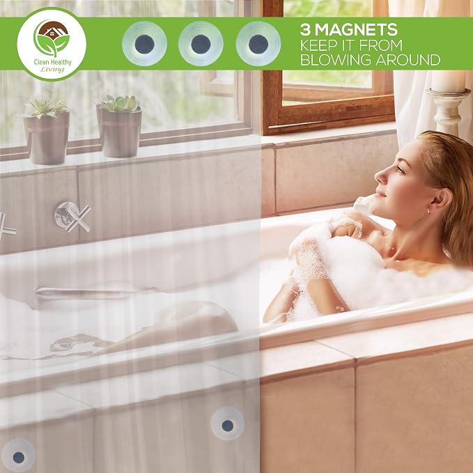 Clean Healthy Living Heavy Duty PEVA Clear Shower Curtain Liner with Magnets & Suction Cups - 70 X 72 in. Long