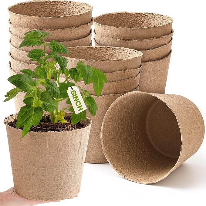 Karenhi 16 Pcs Peat Pots 6 Inch Biodegradable Organic Seed Starting Pots with Drainage Holes Round Nursery Plants for Vegetables, Herbs, Flowers Indoor Garden Germination