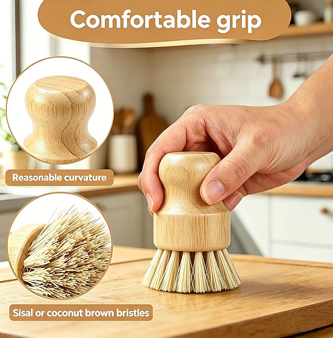 Bamboo Dish Brush Set with Palm and Sisal Bristles, 4 Pcs Natural Bamboo Dish Scrubber Brush for Kitchen Cleaning, Pots, Pans, Vegetables, Fruit