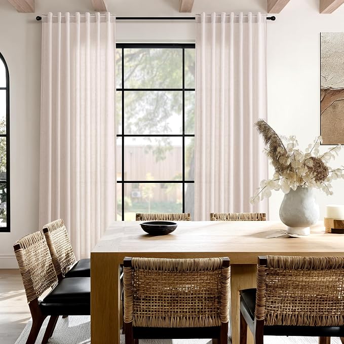 Nanspring Natural White Linen Curtains 102 Inches Long for Living Room Light Filtering Farmhouse Decor Curtains Back Tab Neutral Privacy Sheer Curtain for Bedroom Office 52x102, 2 Panels