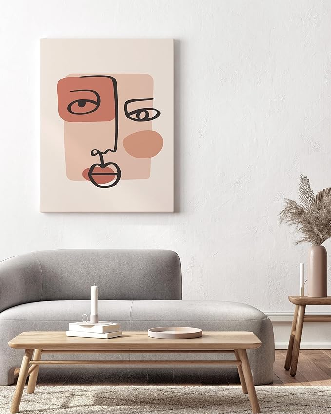 Y2K BOO Abstract Face Wrapped Canvas Wall Art Continuous Line Drawing Organic Shapes Earth Tones Terracotta 24x36 Inch Gallery Stretched Modern Home Wall Art