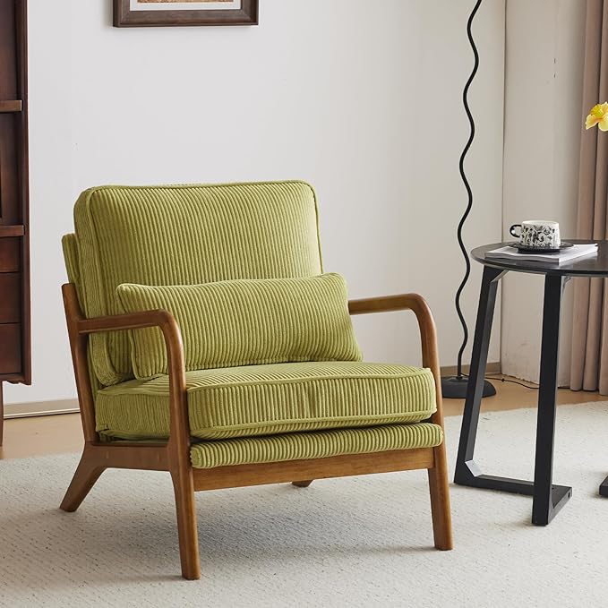 Karl home Mid-Century Modern Accent Reading Chair, Green | Corduroy Upholstered, Solid Wood Frame, Soft Cushion, Lumbar Pillow, Lounge Armchair for Living Room, Bedroom, Balcony, Study