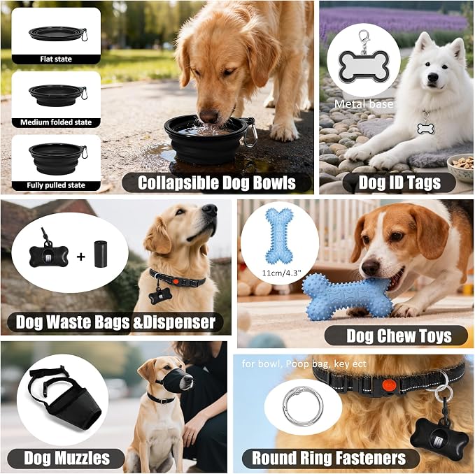 No Pull Dog Harness Adjustable Collar & Leash Set - Dog Halter Harnesses Collapsible Bowls & Poop Bag Dispenser Muzzle ID Tags Toys Fits Small Medium Large Dogs (Black-XL)