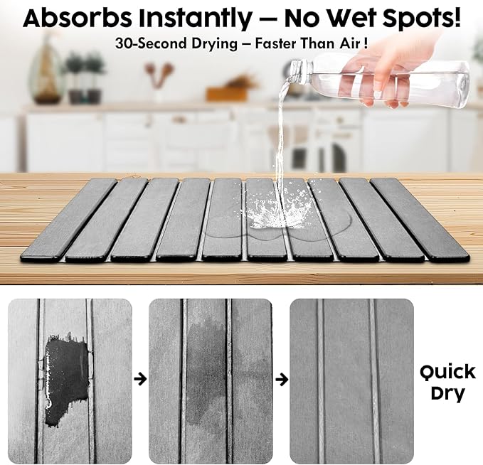 Large Stone Dish Drying Mat for Kitchen Counter, Premium Diatomaceous Earth Coaster Set for Dishes with Free Drainer Rack| Non-Slip Kitchen Sink Mat | Fast-Absorbing, (24x16 Inch, Light Grey)